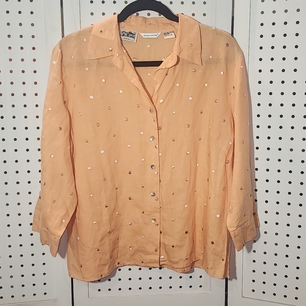Richard Malcom  XL100% Irish Linen Peach Embroidered 3/4 Sleeves